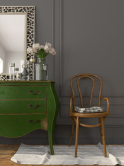 Interior with a green chest of drawers and a wooden chair