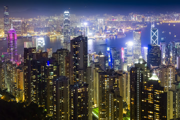 Naklejka premium Night views of Hong Kong city from the viewpoint of Victoria Peak