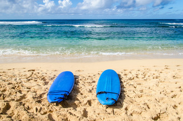 Two Surfboards on the sandy beach in Hawaii
