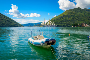 Harbour and boat at Boka Kotor bay (Boka Kotorska), Montenegro,