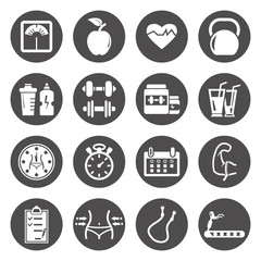 Vector white Fitness and Health icons set.sport on black background
