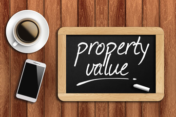 coffee, phone and chalkboard with property value words
