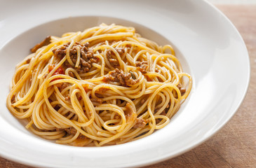 Spaghetti Bolognese in a white bowl