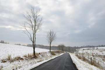 Winding Road Through Snowy Rural Fields