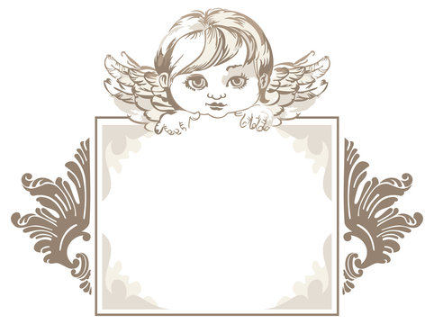 grayscale frame with angel head in vintage style