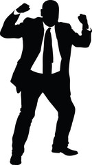 A silhouette of an expressive, angry businessman in a suit making fists out of frustration. 