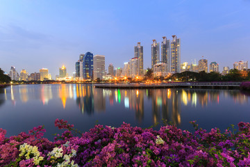 Bangkok city at twilight with reflection in lake and flowers on the foreground, Bangkok,Thailand