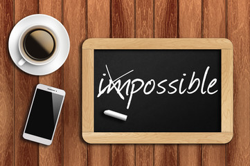 Phone, Coffee And A Chalkboard On The Wooden Table Written Possi