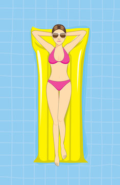 Women wear pink bikini relaxing in a pool with resting on inflatable mattress
