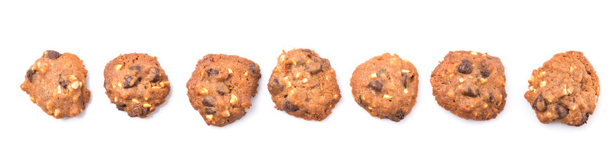 Homemade chocolate chip cookies over white background