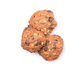 Homemade chocolate chip cookies over white background