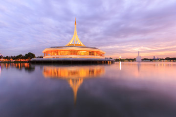 Monument at public park against water wave and blue sky at Suanluang Rama 9, Thailand