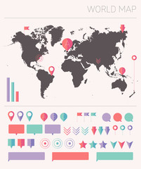 World map with set info graphics elements flat