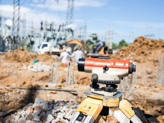 Surveyor equipment tacheometer or theodolite outdoors at constru