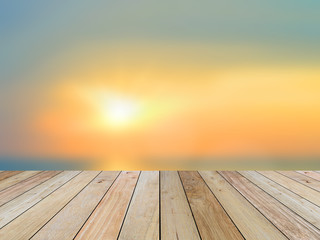 Wooden paving and Blurred nature background.