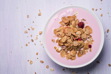 Plate of muesli with yogurt and space for text