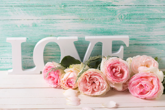 Sweet pink roses and word love