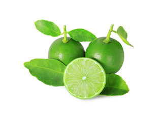 Naklejka na ściany i meble Fresh limes with green leaf. Isolated on white