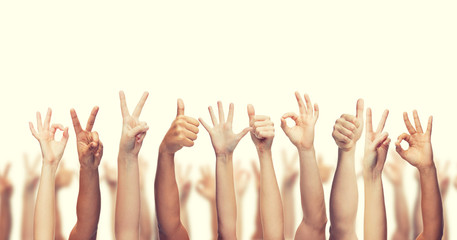 human hands showing thumbs up, ok and peace signs