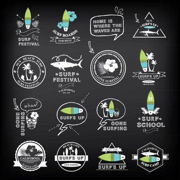 Surfing summer icons,vector labels collection.