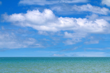 blue sea and cloudy sky over it