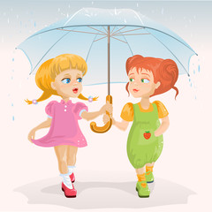 Two friends holding umbrella. Template greeting card Friendship Day