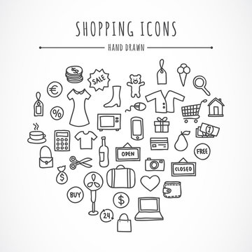Hand drawn shopping icons: clothes, computer, electronics, bags, money, toys, food