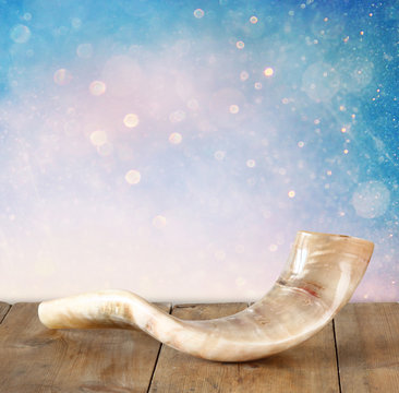 shofar (horn) on wooden table. rosh hashanah  jewish holiday