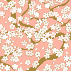 Pink and golden cherry blossom flower pattern background.