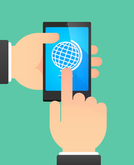 Man's hands using a phone showing a world globe