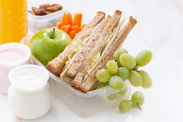 school lunch with sandwiches, fruit and yogurt, close-up