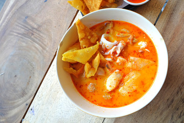 Seafood Tomyam soup in the bowl - Thai food
