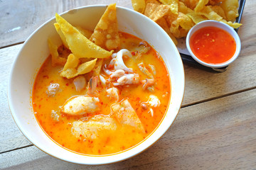 Seafood Tomyam soup in the bowl - Thai food