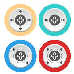 Four circular abstract colored icons with arrows and plus symbol