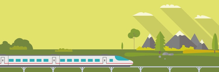 Train on railway with forest and mountains background. Flat style vector illustration.