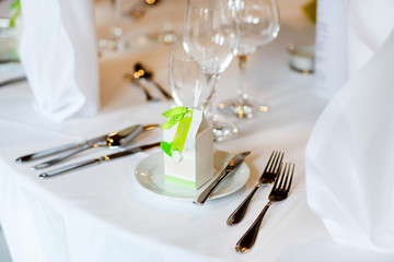 Table set in green and white for wedding or event party.