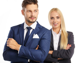 Young smiling business woman and business man isolated over whit