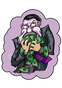 Greedy businessman with violet face. He is eating money.
