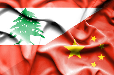 Waving flag of China and Lebanon