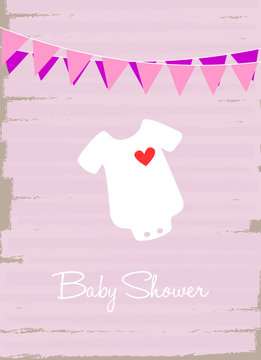 baby shower invitation card, baby bodysuit on light pink background with pink bunting