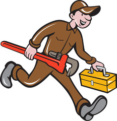 Plumber Carrying Monkey Wrench Toolbox Cartoon