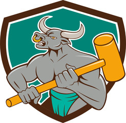 Minotaur Wielding Sledgehammer Shield Cartoon