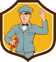 Gas Jockey Attendant Waving Shield Cartoon