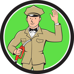 Gas Jockey Attendant Waving Circle Cartoon