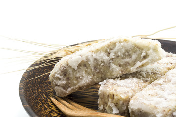 Chinese and Thai dessert of sweet taro fried on palm wood dish