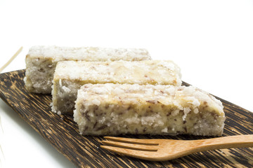 Chinese and Thai dessert of sweet taro fried on palm wood dish