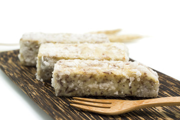 Chinese and Thai dessert of sweet taro fried on palm wood dish