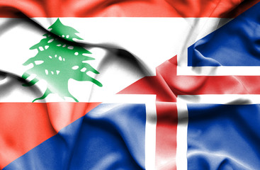 Waving flag of Iceland and Lebanon