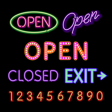 Open Neon Sign Closed Exit Figures Vector