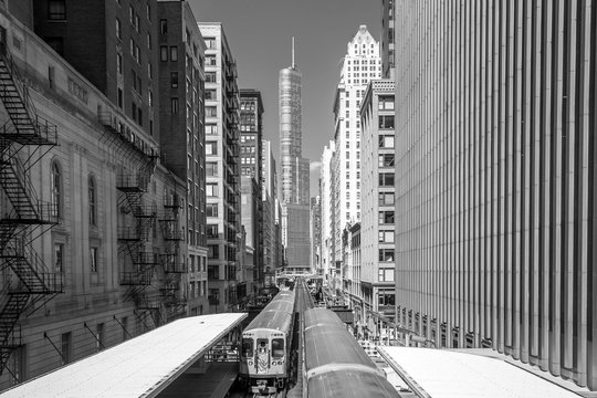 Train in downtown Chicago IL